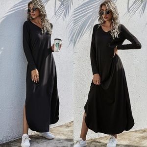 Solid side slit v neck dress